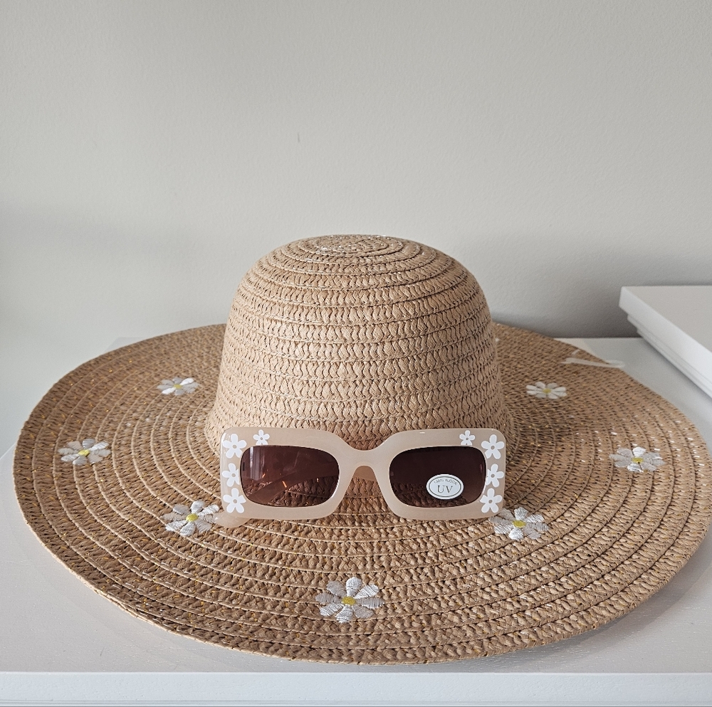 Daisy Embellished Tan Sun Hat and Sunglasses Set